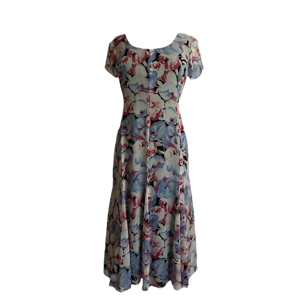 Jones New York Floral Midi Dress in Light Blue and Pink 100% silk